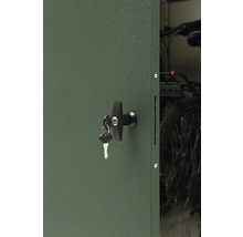 Vue détaillée d'un abri à vélos verrouillable avec des vélos à l'intérieur