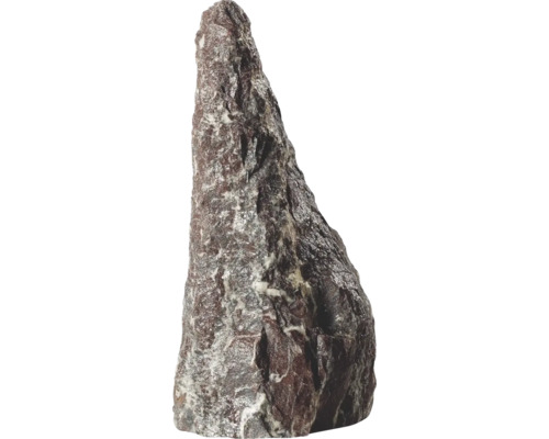 Naturstein-Monolith in spitzer Form mit rauer, gemaserter Textur für Garten und Aquarium.