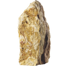 Beige-gelblicher natürlicher Zierstein mit strukturierter, poröser Oberfläche in aufrechter Form für Garten oder Aquarium.