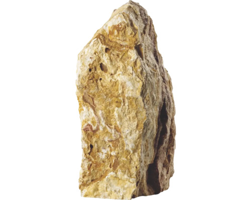 Beige-gelblicher natürlicher Zierstein mit strukturierter, poröser Oberfläche in aufrechter Form für Garten oder Aquarium.
