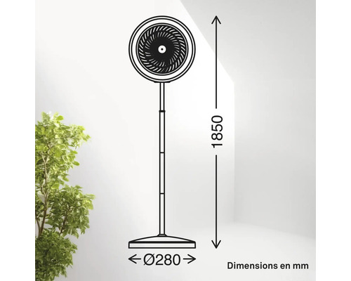 Dessin technique d'un ventilateur sur pied avec dimensions : hauteur 1850 millimètres, diamètre 280 millimètres