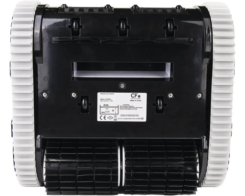 Face inférieure d'un robot de nettoyage de piscine avec brosses et chenilles