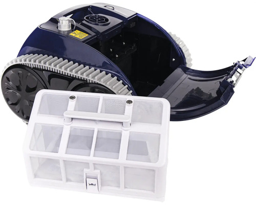 Robot de piscine avec compartiment ouvert et panier de filtration retiré