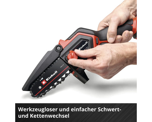 Une main tient une tronçonneuse à batterie de la marque Einhell.