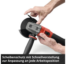 Person justiert den Scheibenschutz einer roten und schwarzen Flex