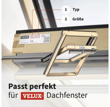 Vue détaillée d'une fenêtre de toit Velux avec informations sur le type et la taille