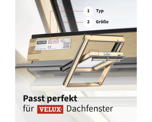 Vue détaillée d'une fenêtre de toit Velux avec informations sur le type et la taille