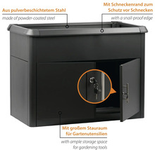 Gartenschrank aus pulverbeschichtetem Stahl mit Schneckenrand, abschliessbaren Türen und grossem Stauraum für Gartenutensilien.