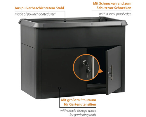 Gartenschrank aus pulverbeschichtetem Stahl mit Schneckenrand, abschliessbaren Türen und grossem Stauraum für Gartenutensilien.