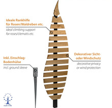 Blattförmige Rankhilfe und Sichtschutz aus Holzlamellen auf schwarzem Pfahl einschließlich Bodenhülse. Hergestellt in der Europäischen Union.