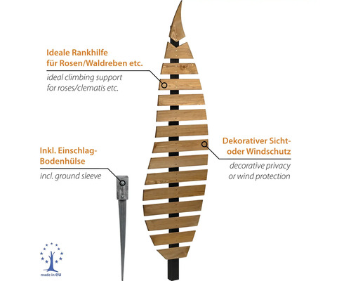 Blattförmige Rankhilfe und Sichtschutz aus Holzlamellen auf schwarzem Pfahl einschließlich Bodenhülse. Hergestellt in der Europäischen Union.