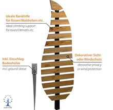 Blattförmige Rankhilfe aus Holz für den Garten als Sichtschutz inklusive Einschlag-Bodenhülse aus Metall, hergestellt in der Europäischen Union.