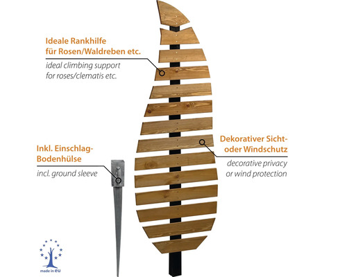 Blattförmige Rankhilfe aus Holz für den Garten als Sichtschutz inklusive Einschlag-Bodenhülse aus Metall, hergestellt in der Europäischen Union.