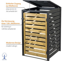Mülltonnenbox aus Holz für eine 120 Liter Mülltonne mit aufklappbarem Deckel und Fronttür im modernen Design. Hergestellt in der Europäischen Union.