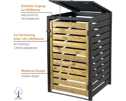 Mülltonnenbox aus Holz für eine 120 Liter Mülltonne mit aufklappbarem Deckel und Fronttür im modernen Design. Hergestellt in der Europäischen Union.