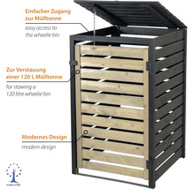 Mülltonnenbox aus Holz für eine 120 Liter Mülltonne mit aufklappbarem Deckel, Haltekette und Fronttür in modernem Design.