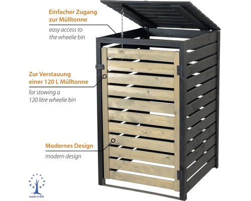 Mülltonnenbox aus Holz für eine 120 Liter Mülltonne mit aufklappbarem Deckel, Haltekette und Fronttür in modernem Design.