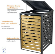 Mülltonnenbox aus Holz für eine 240 Liter Mülltonne mit aufklappbarem Deckel, Haltekette und Fronttür im modernen Design.