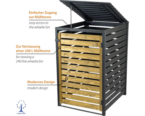 Mülltonnenbox aus Holz für eine 240 Liter Mülltonne mit aufklappbarem Deckel, Haltekette und Fronttür im modernen Design.