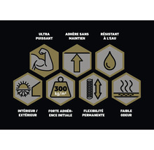 Ultra puissant, adhère sans maintien, résistant à l'eau, intérieur et extérieur, adhésion 300 kilogrammes par mètre carré, flexibilité, faible odeur.