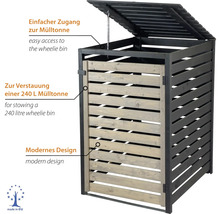 Mülltonnenbox für eine 240 Liter Mülltonne, modernes Design mit grauen Holzlamellen und schwarzem Rahmen, klappbarer Deckel mit Kette.