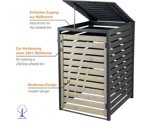 Mülltonnenbox für eine 240 Liter Mülltonne, modernes Design mit grauen Holzlamellen und schwarzem Rahmen, klappbarer Deckel mit Kette.