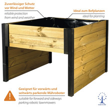 Mähroboter-Garage aus Holz mit Pflanzkasten, Witterungsschutz, für vorwärts und seitwärts parkende Mähroboter, hergestellt in der Europäischen Union.