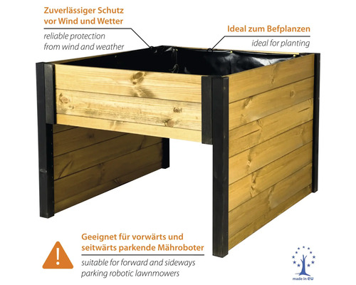 Mähroboter-Garage aus Holz mit Pflanzkasten, Witterungsschutz, für vorwärts und seitwärts parkende Mähroboter, hergestellt in der Europäischen Union.