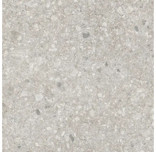 Carreau en grès cérame aspect terrazzo gris avec inclusions de pierre.