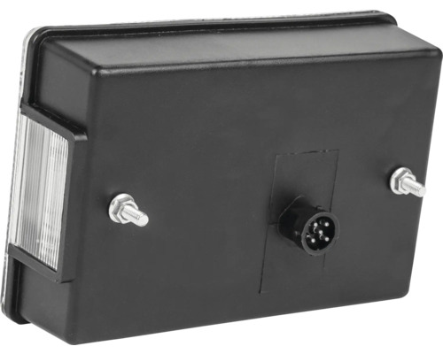 Vue arrière d'un feu arrière rectangulaire noir pour remorque avec connecteur à cinq broches, deux boulons de fixation et vitre latérale.