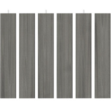Sechs vertikale Zaunlatten in grauer Holzoptik mit feiner Maserung.