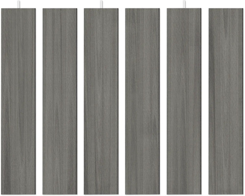 Sechs vertikale Zaunlatten in grauer Holzoptik mit feiner Maserung.