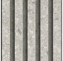 Carreau de mur en grès cérame aspect terrazzo avec structure à lamelles verticales en gris.