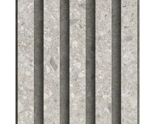 Carreau de mur en grès cérame aspect terrazzo avec structure à lamelles verticales en gris.