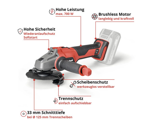 Akku-Winkelschleifer mit bürstenlosem Motor, 700 Watt Leistung, werkzeuglosem Scheibenschutz und 33 Millimeter Schnitttiefe.