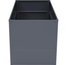 Carré potager surélevé en métal anthracite, forme rectangulaire avec trois panneaux horizontaux.