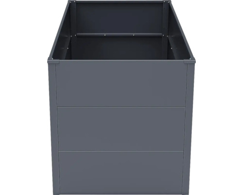 Carré potager surélevé en métal anthracite, forme rectangulaire avec trois panneaux horizontaux.