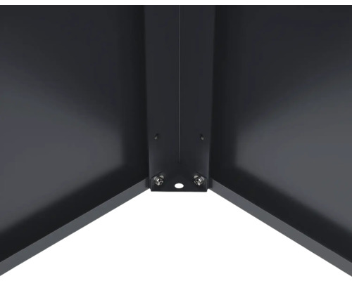 Vue détaillée d un assemblage en angle en métal avec vis pour carrés potagers ou abris de jardin.