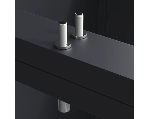 Deux poignées de robinetterie cylindriques en métal brillant avec une base ronde.