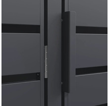 Vue detaillee d une porte metallique anthracite avec une poignee rectangulaire et une charniere argentee.