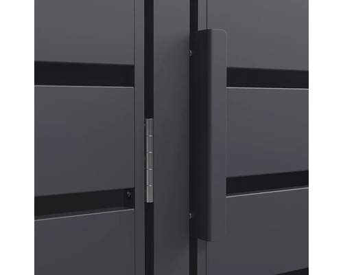 Vue detaillee d une porte metallique anthracite avec une poignee rectangulaire et une charniere argentee.