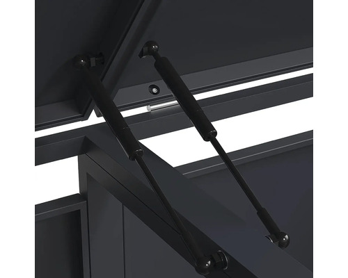 Deux vérins à gaz noirs soutenant le couvercle ouvert d'un coffre de rangement en métal.