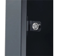 Loqueteau magnétique avec support en équerre et vis Torx sur un cadre métallique gris.