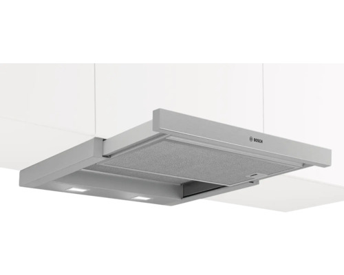 Hotte télescopique Bosch avec filtre à graisse métallique et éclairage intégré.