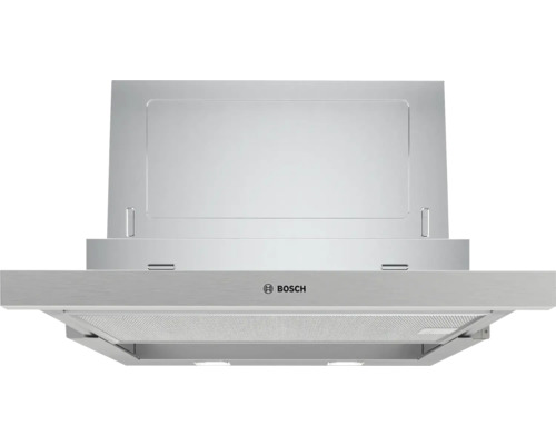 Hotte aspirante télescopique Bosch en acier inoxydable avec filtre à graisse métallique et écran extractible.