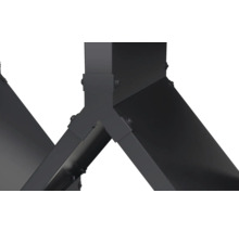 Raccord en Y en métal noir pour systèmes d'étagères avec vis apparentes.