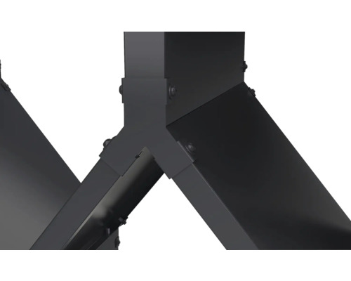 Raccord en Y en métal noir pour systèmes d'étagères avec vis apparentes.