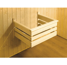 Ofenschutzgitter für Saunaofen aus Holz zur Wandmontage, dreiseitig.