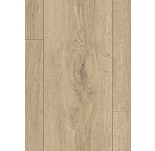 Sol stratifié aspect chêne avec structure de grandes lames, veinure apparente et rainures en V.