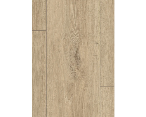 Sol stratifié aspect chêne avec structure de grandes lames, veinure apparente et rainures en V.